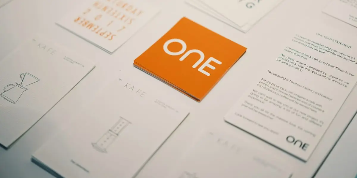 Papelería y folleto de una identidad de marca desplegados sobre una mesa blanca